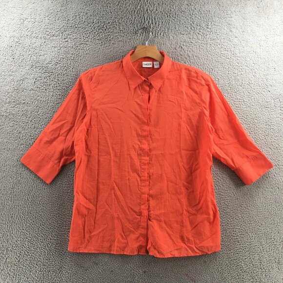 Chico's Tops - Chicos Shirt Womens 3 Orange 100% Cotton Collared Button Up 3/4 Sleeve Casual